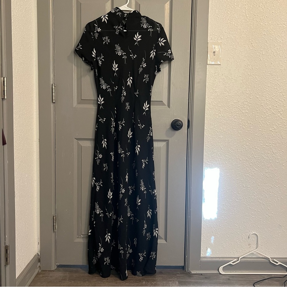 Floral Black Kimono Collar Flowy Semi Sheer Maxi Dress